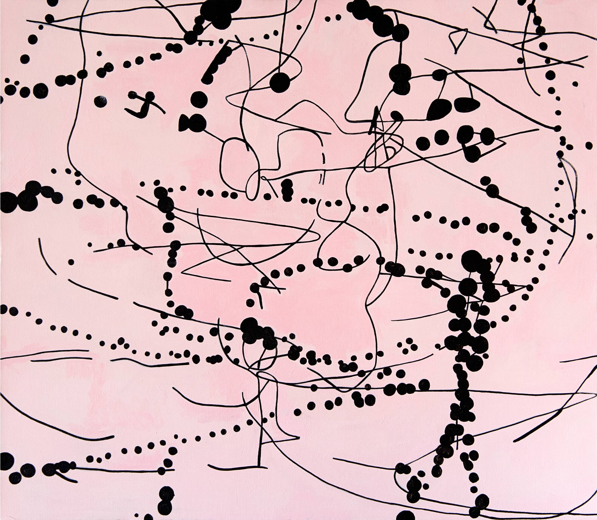 Painting with a pink background and a black pattern in the foreground made of dots and lines.